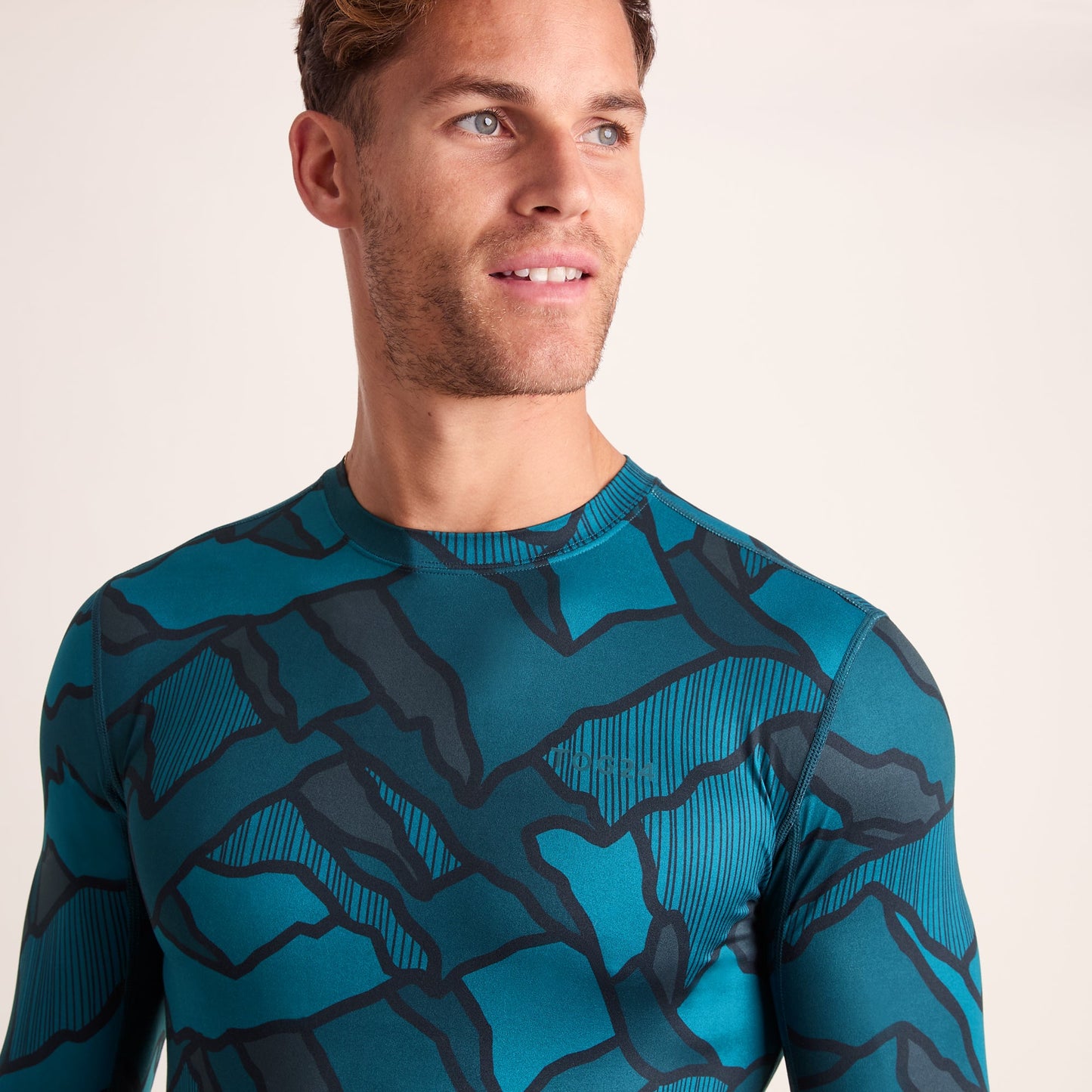 Snowdon Mens Thermal Crew Neck Base Layer - Dark Turquoise Abstract Mountain Print