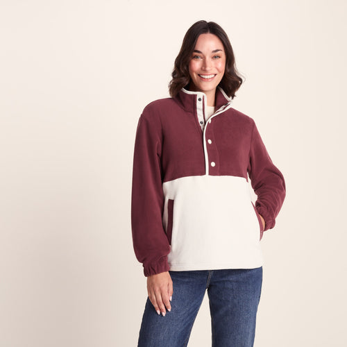 Symes Womens Relaxed Fit 1/2 Neck Microfleece Pullover - Vanilla/Burgundy