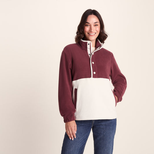 Symes Womens Relaxed Fit 1/2 Neck Microfleece Pullover - Vanilla/Burgundy