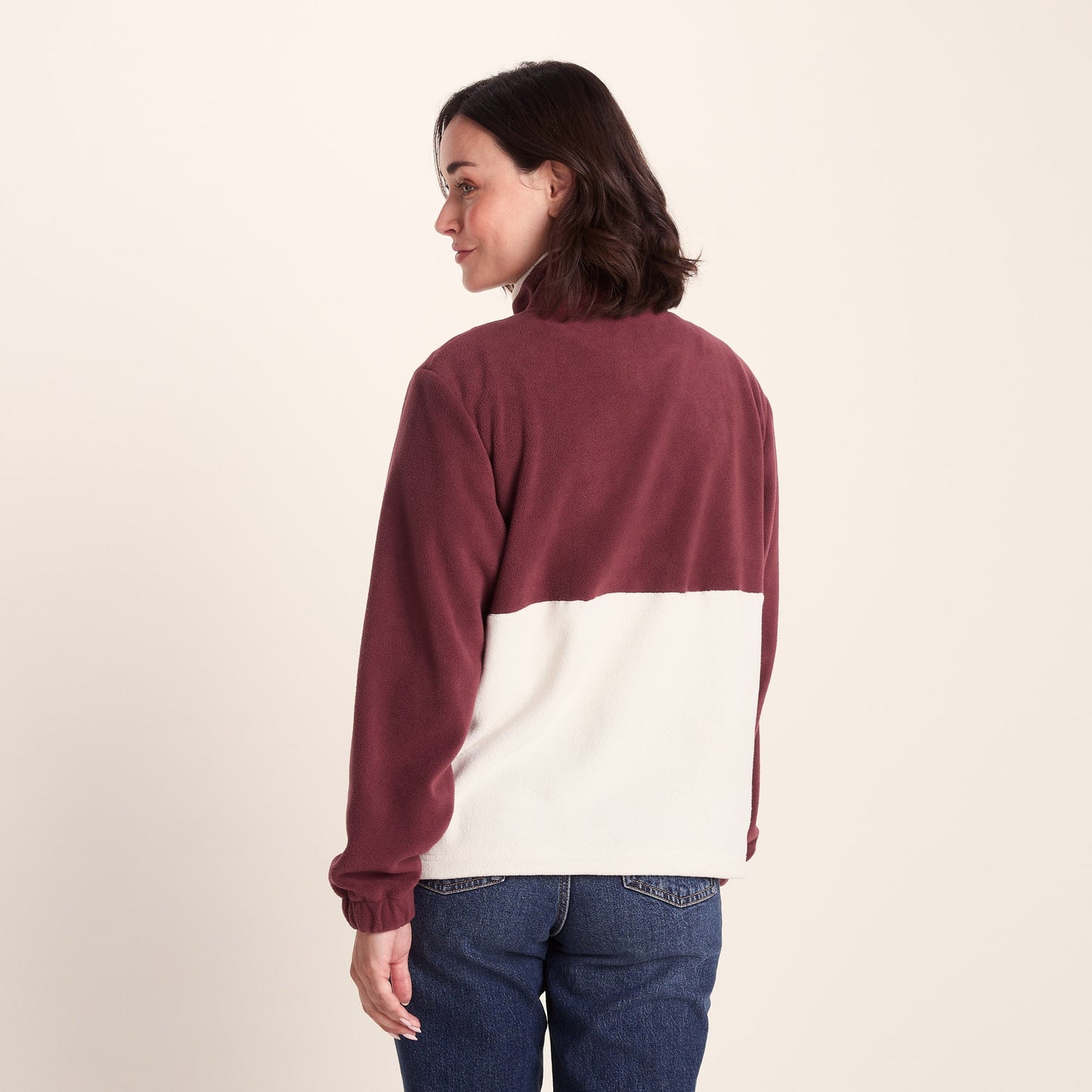 Symes Womens Relaxed Fit 1/2 Neck Microfleece Pullover - Vanilla/Burgundy