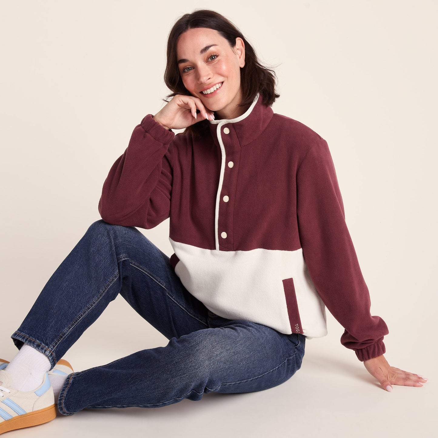 Symes Womens Relaxed Fit 1/2 Neck Microfleece Pullover - Vanilla/Burgundy