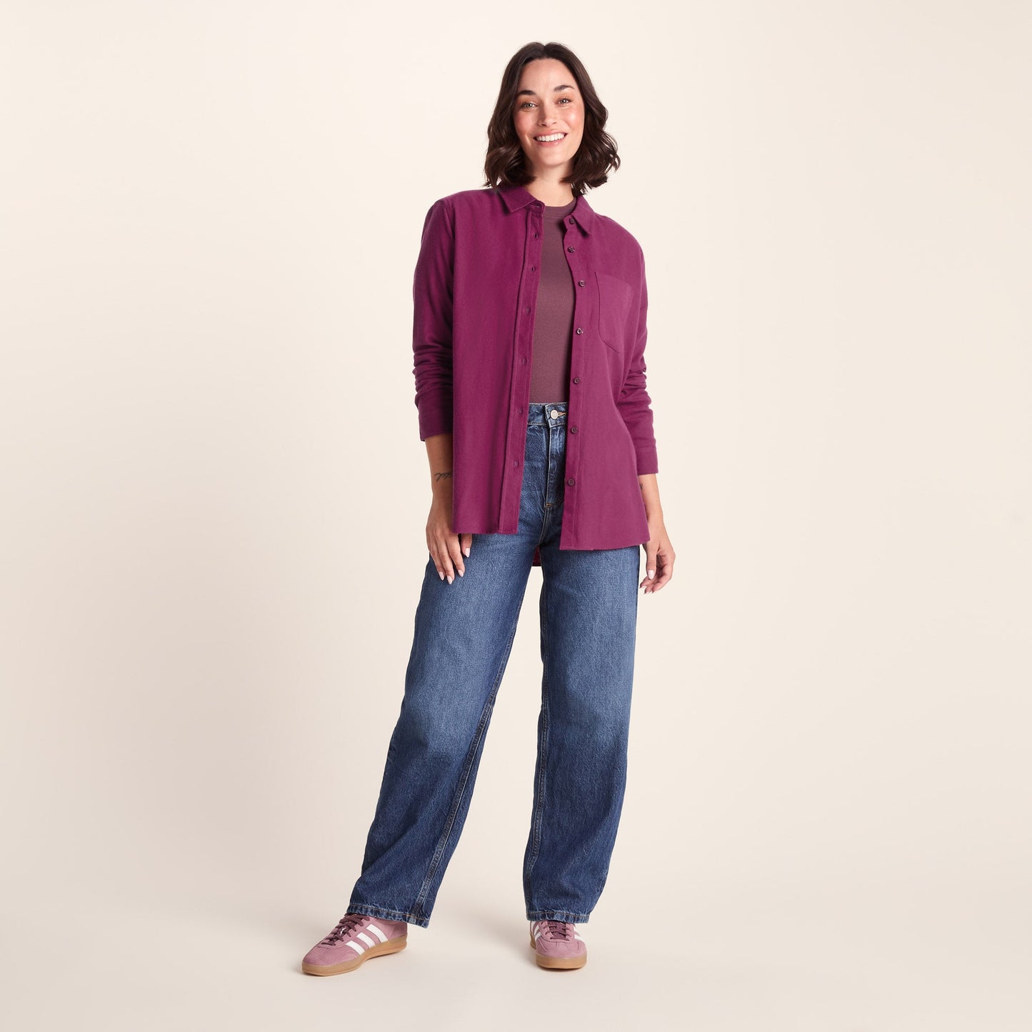 Teiga Womens Long Sleeve Cotton Flannel Shirt - Washed Burgundy