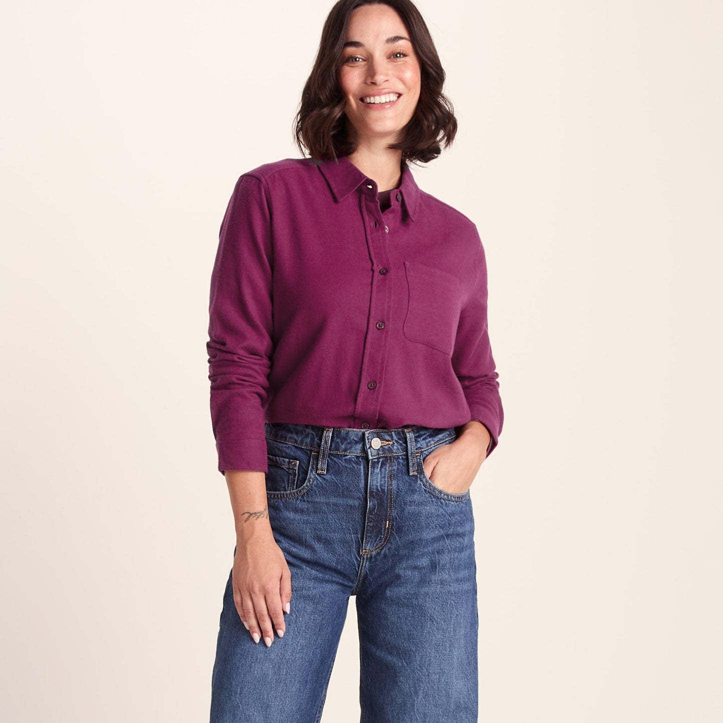 Teiga Womens Long Sleeve Cotton Flannel Shirt - Washed Burgundy