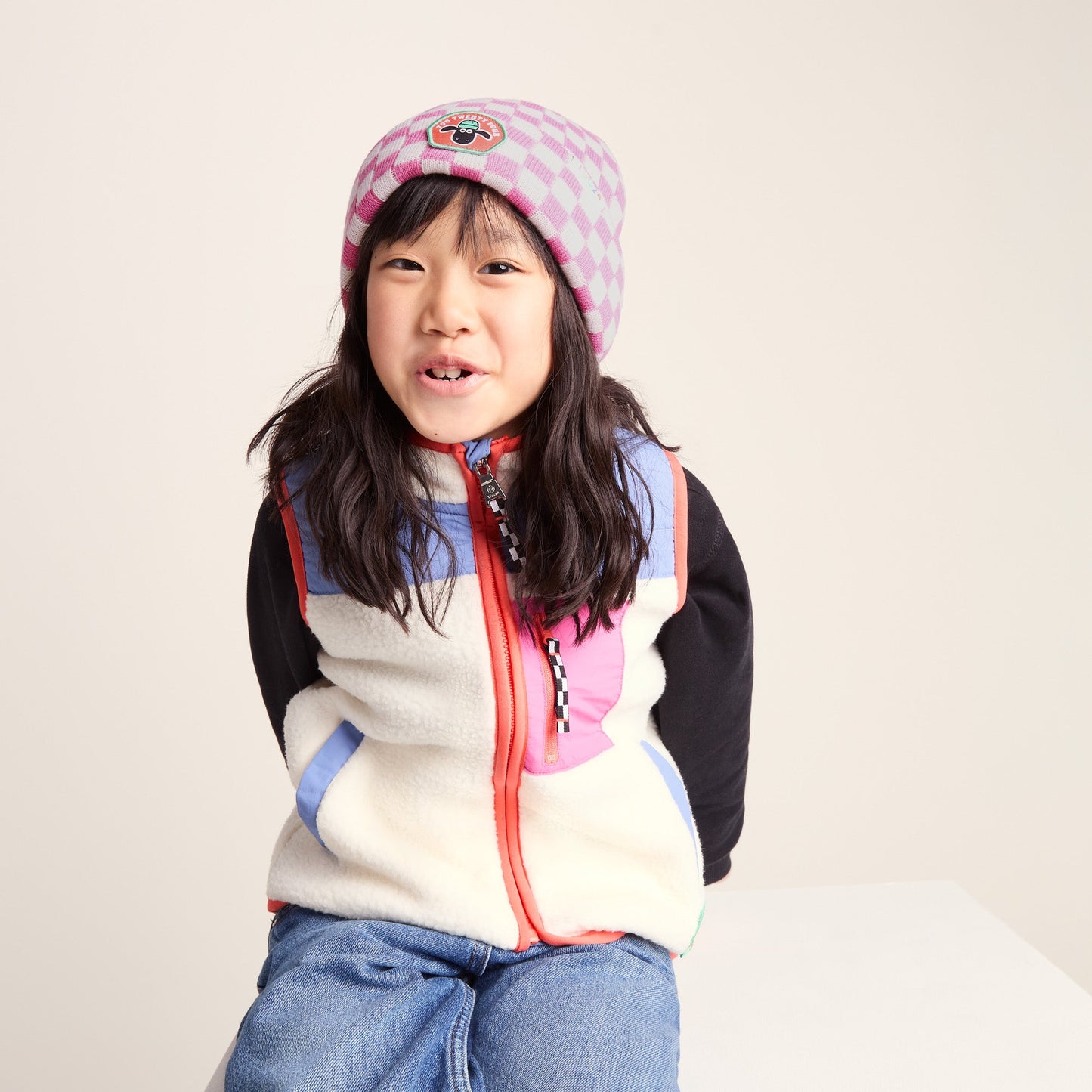 Uda Kids Shaun the Sheep Knit Hat - Pink White Checkerboard