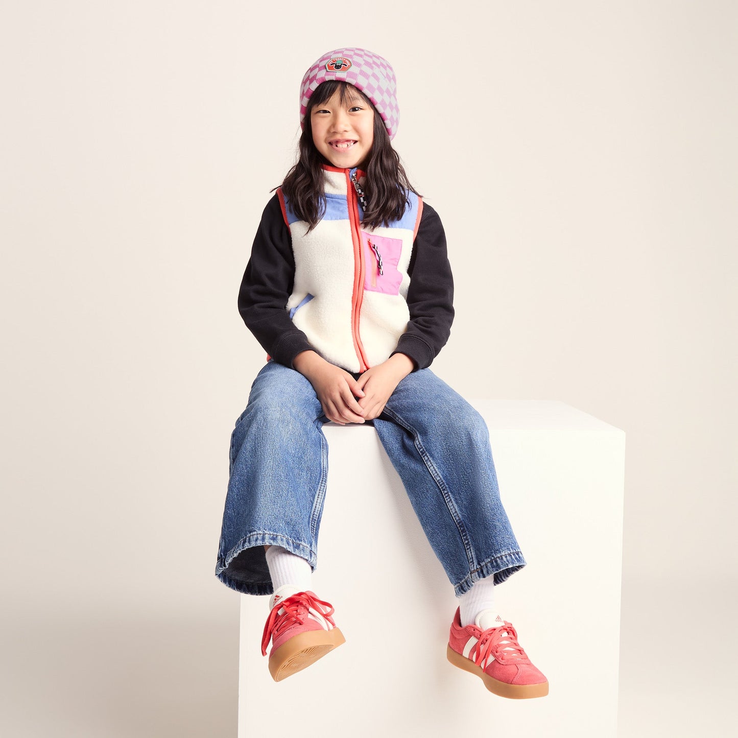 Uda Kids Shaun the Sheep Knit Hat - Pink White Checkerboard
