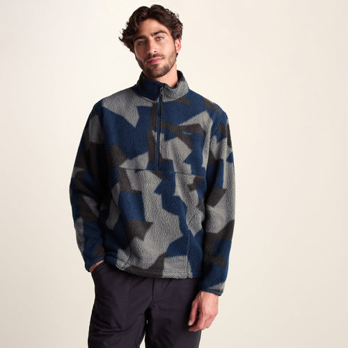 Zermatt Mens Relaxed Fit Sherpa Fleece Zip Neck - Blue Geo Camo Print