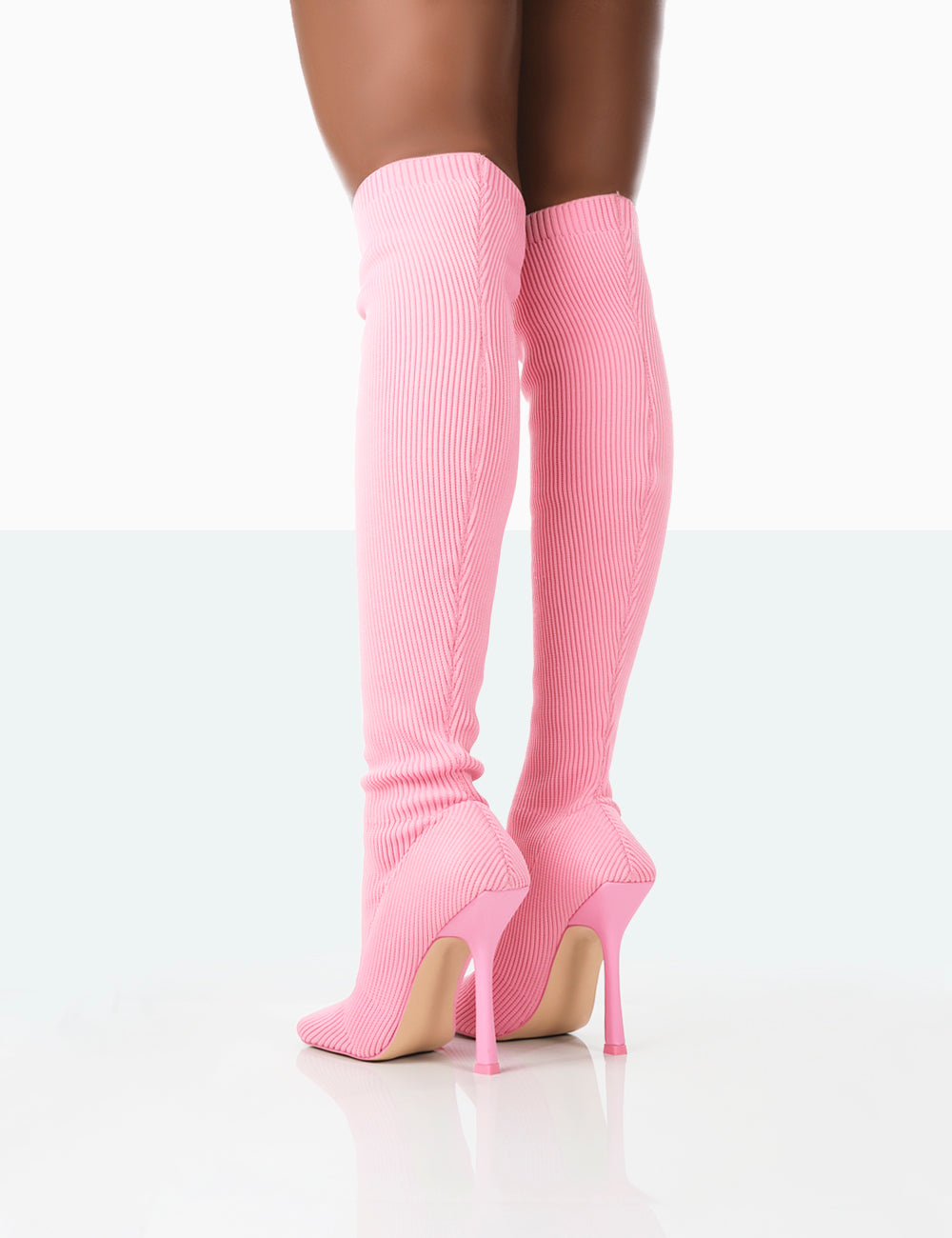 Bubbles Pink Knitted Wide Fit Square Toe Over The Knee Stiletto Boots