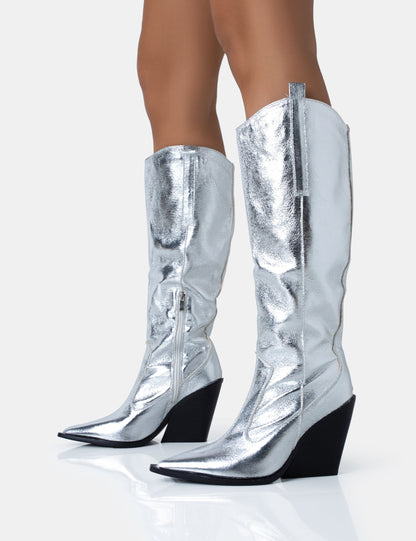 Nevada Silver Metallic Wide Fit Western Block Heel Knee High Boots