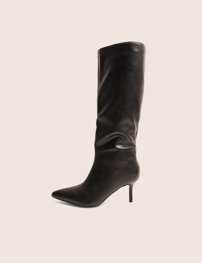 Amped Black Pointed Toe Mid Heel Knee High Boots