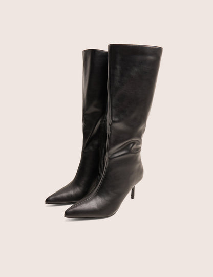 Amped Black Pointed Toe Mid Heel Knee High Boots