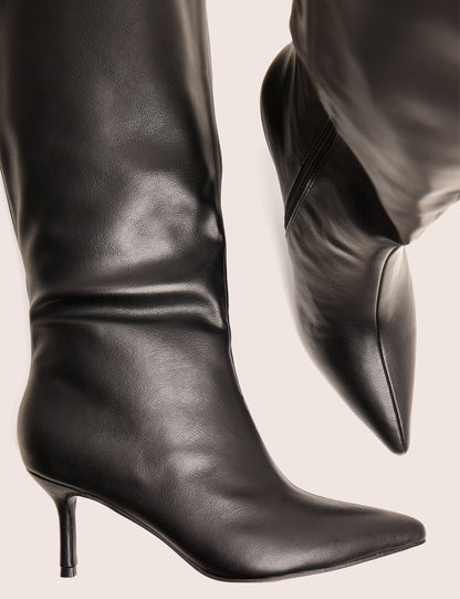 Amped Black Pointed Toe Mid Heel Knee High Boots