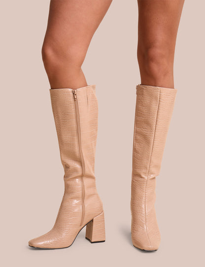 Apology Nude Patent Croc Knee High Block Heel Boots