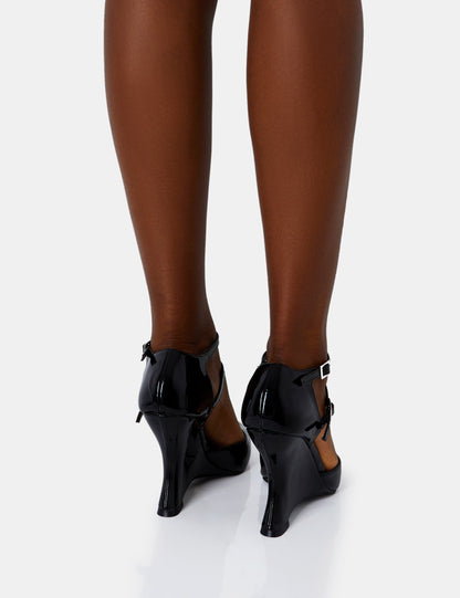 Aspiration Black Patent Strappy Pointed Platform Cut Out Wedge Heels