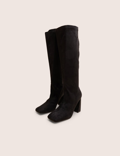 Audrina Black Suede Block Heel Knee High Sock Boots