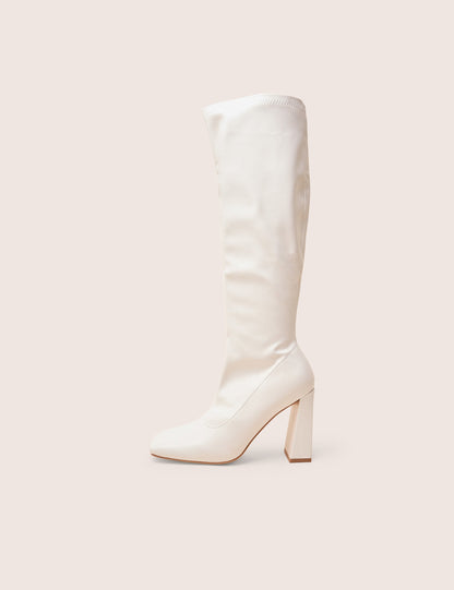 Audrina White Pu Block Heel Knee High Sock Boots