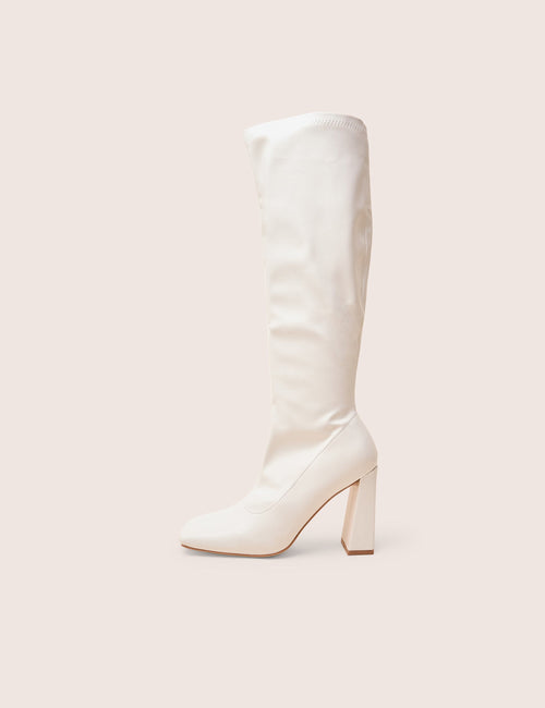 Audrina White Pu Block Heel Knee High Sock Boots