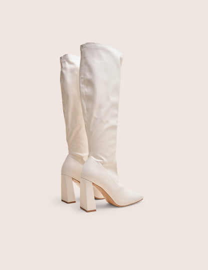 Audrina White Pu Block Heel Knee High Sock Boots