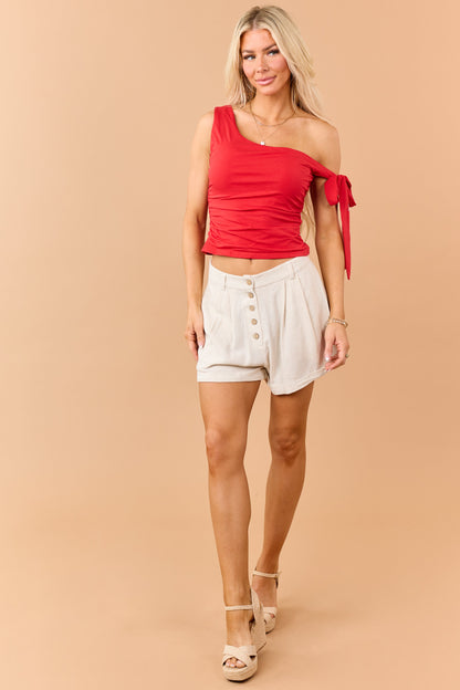 Almond Linen Blend Button Fly Shorts