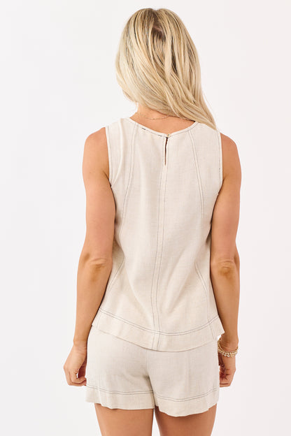 Almond Linen Blend Contrast Stitch Flowy Tank Top
