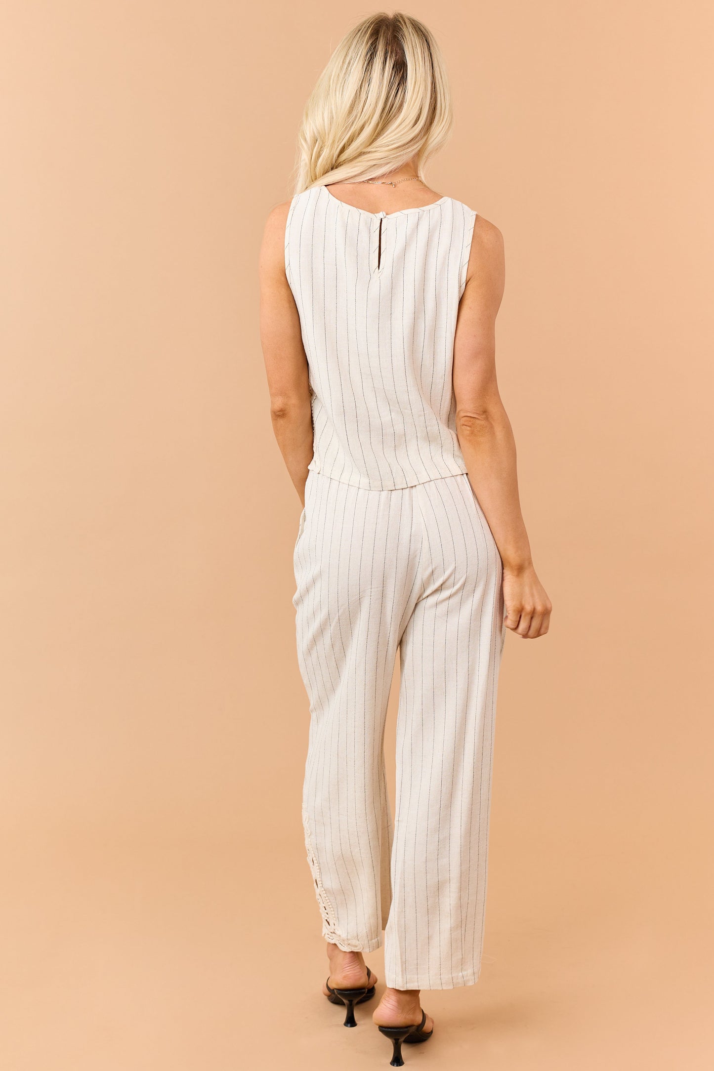 Almond Pinstripe Linen Blend Side Lace Panel Pants