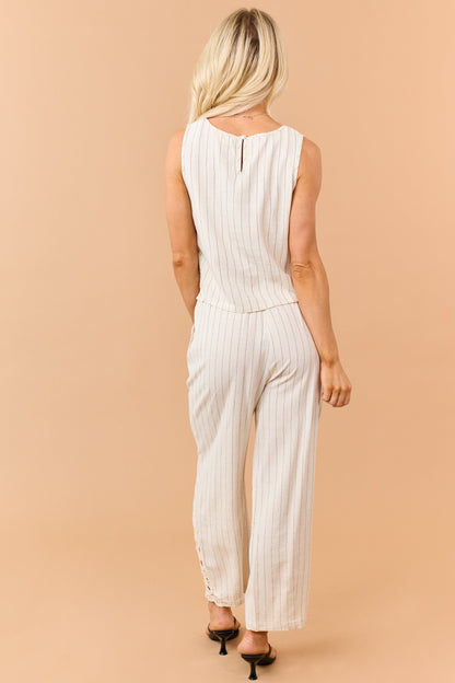Almond Pinstripe Linen Blend Side Lace Panel Pants