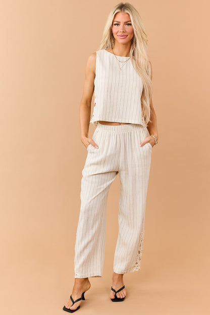 Almond Pinstripe Linen Blend Side Lace Panel Pants