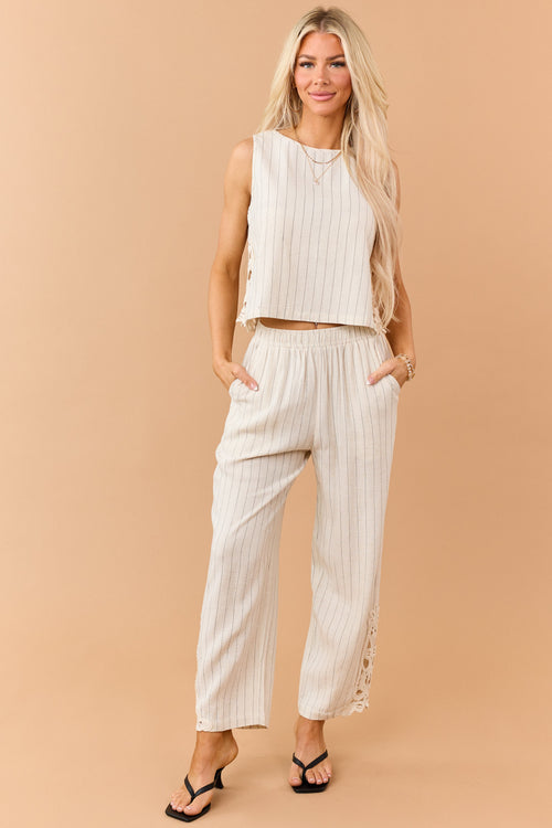 Almond Pinstripe Linen Blend Side Lace Panel Pants
