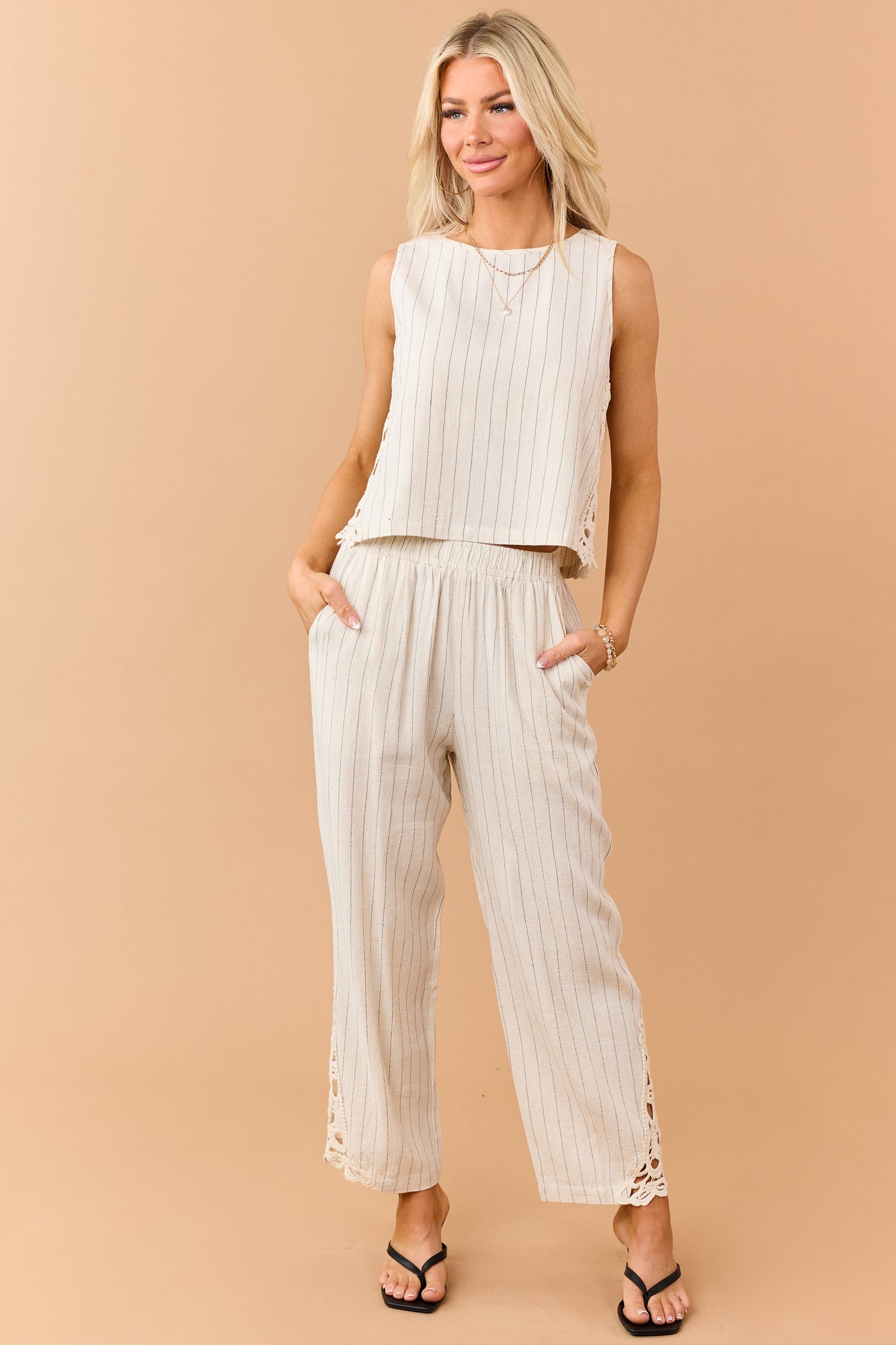 Almond Pinstripe Linen Blend Side Lace Panel Pants