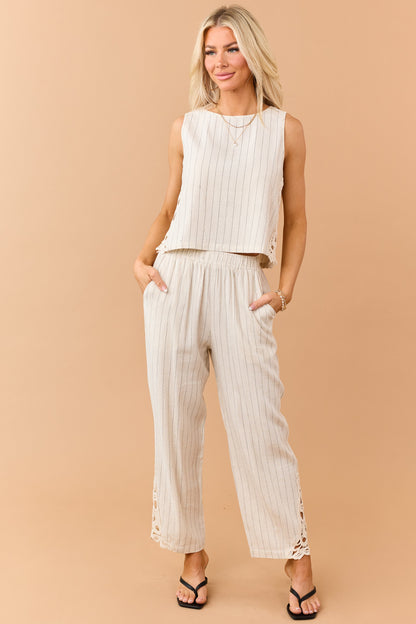 Almond Pinstripe Linen Blend Side Lace Panel Pants