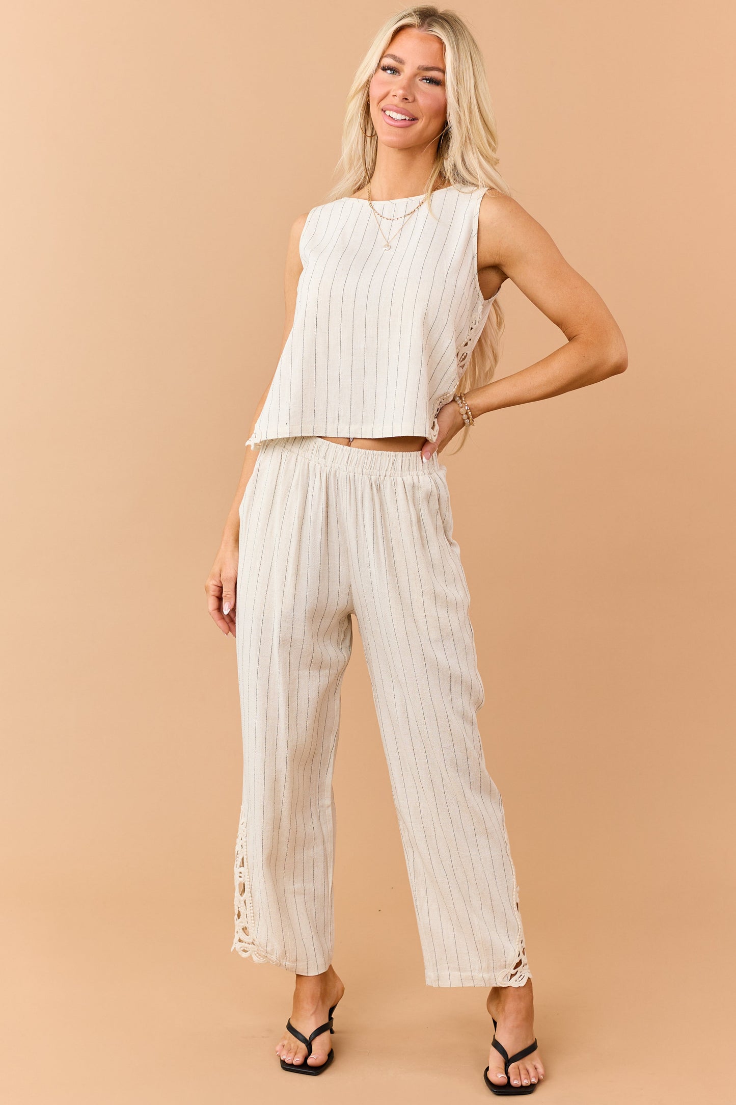 Almond Pinstripe Linen Blend Side Lace Panel Pants
