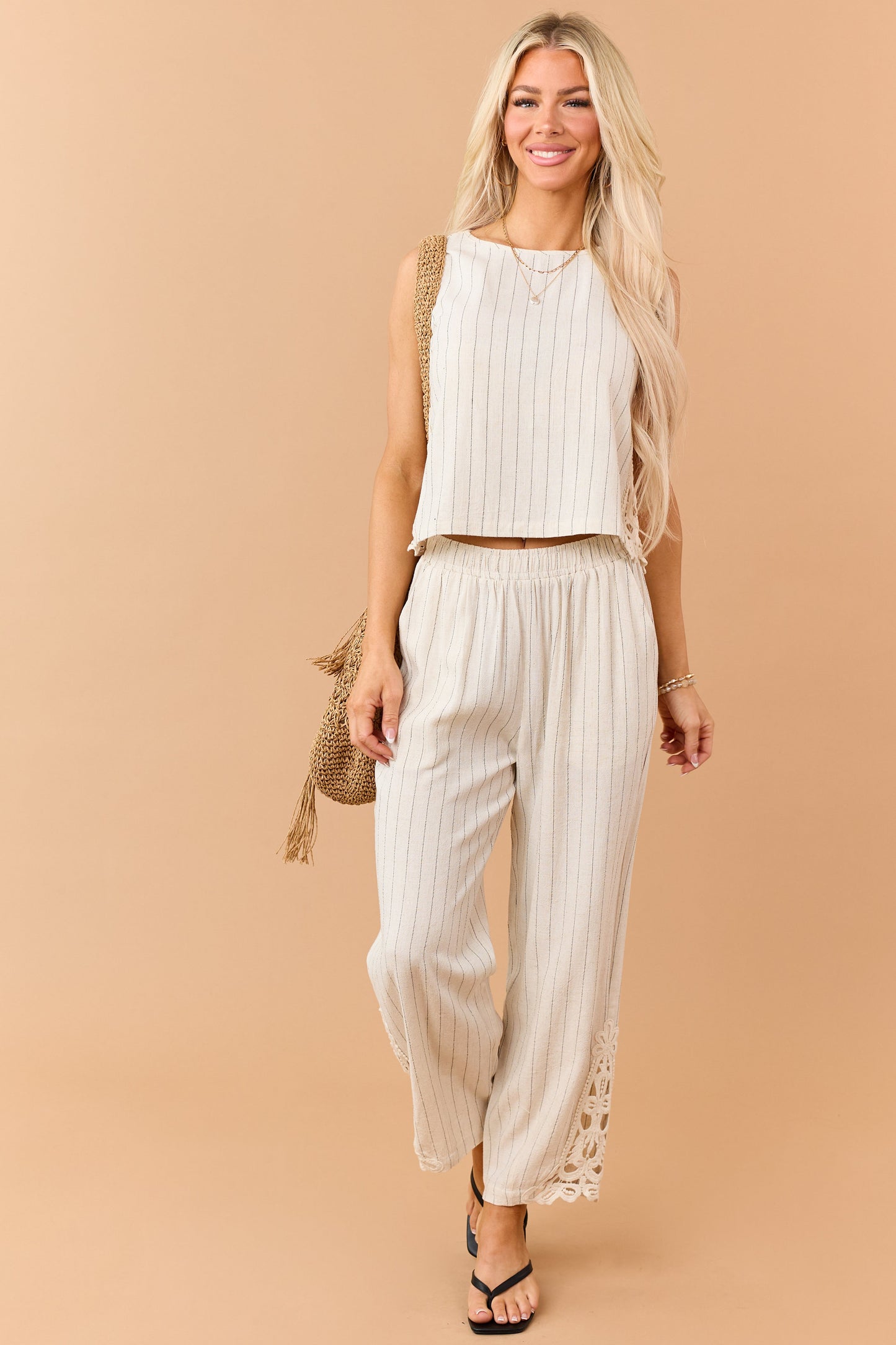 Almond Pinstripe Linen Blend Side Lace Panel Pants