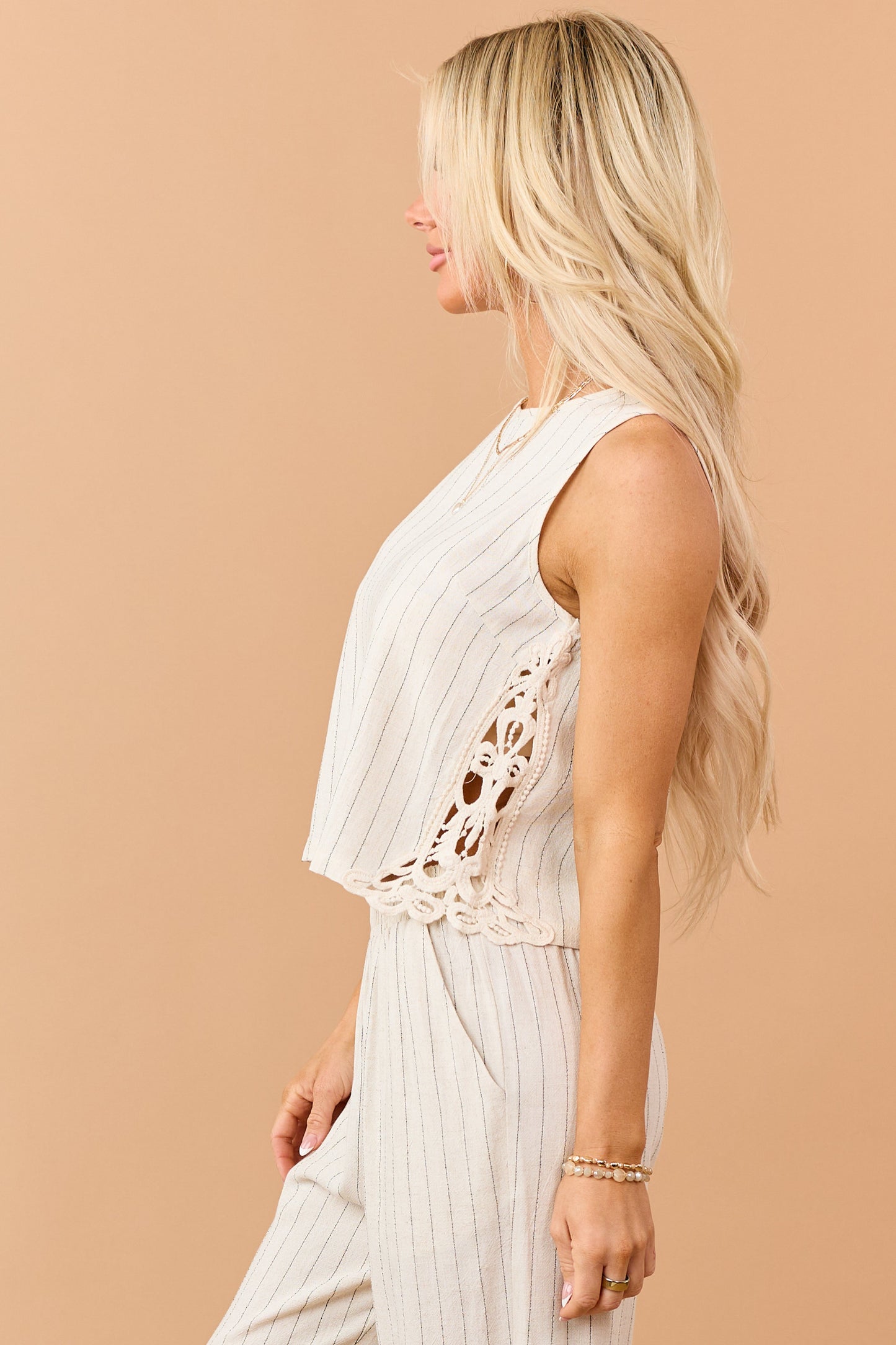 Almond Pinstripe Linen Blend Side Lace Tank Top