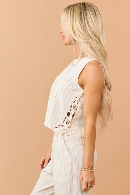 Almond Pinstripe Linen Blend Side Lace Tank Top
