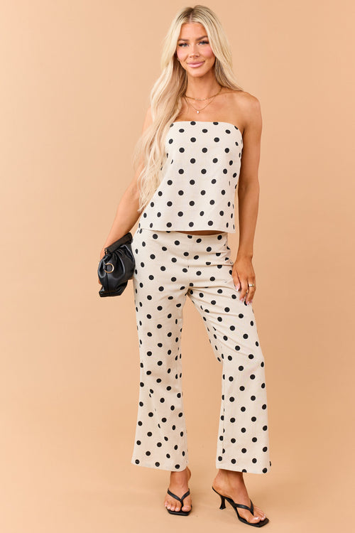 Almond Polka Dot Cropped Linen Blend Flare Pants