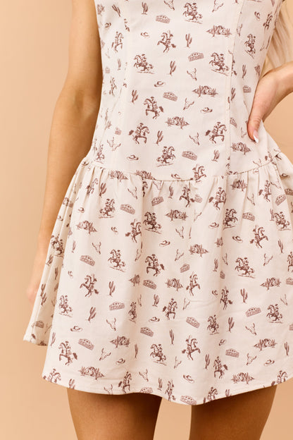 Almond Western Print Stretchy Denim Mini Dress