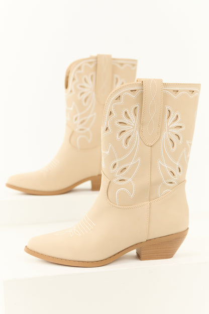 Almond Faux Suede Mid Calf Embroidered Boots