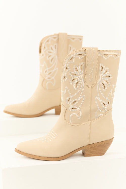 Almond Faux Suede Mid Calf Embroidered Boots