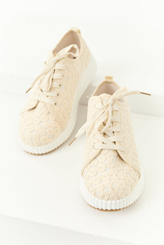 Almond Floral Embroidered Platform Lace Up Sneakers