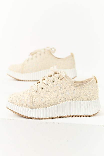 Almond Floral Embroidered Platform Lace Up Sneakers