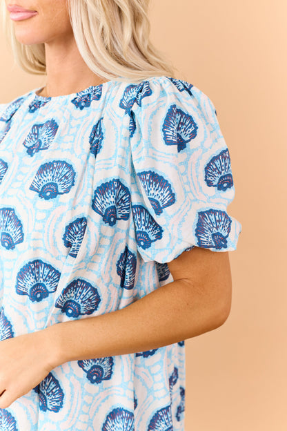 Azure Shell Pattern Puff Sleeve Relaxed Mini Dress
