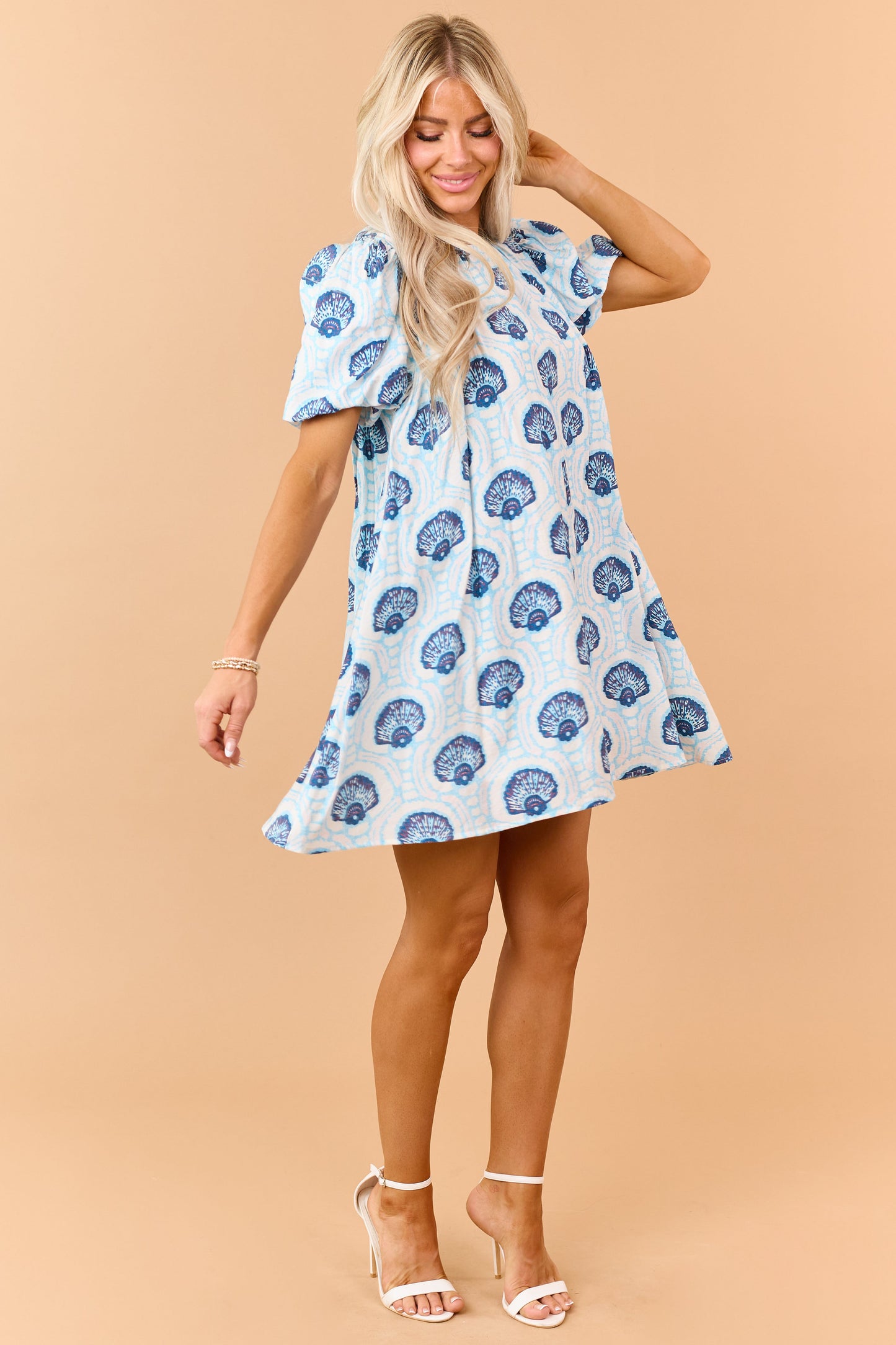 Azure Shell Pattern Puff Sleeve Relaxed Mini Dress