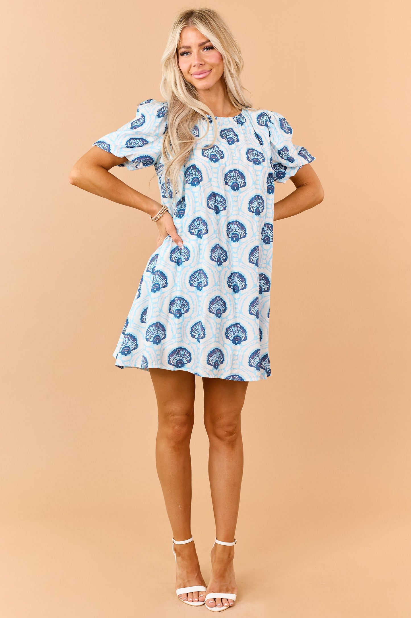 Azure Shell Pattern Puff Sleeve Relaxed Mini Dress