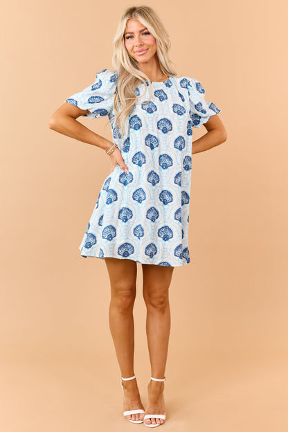 Azure Shell Pattern Puff Sleeve Relaxed Mini Dress