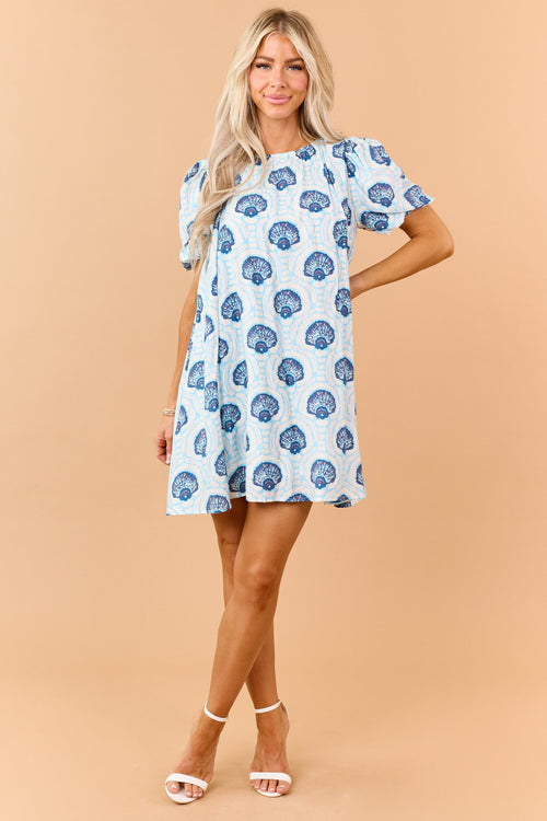 Azure Shell Pattern Puff Sleeve Relaxed Mini Dress