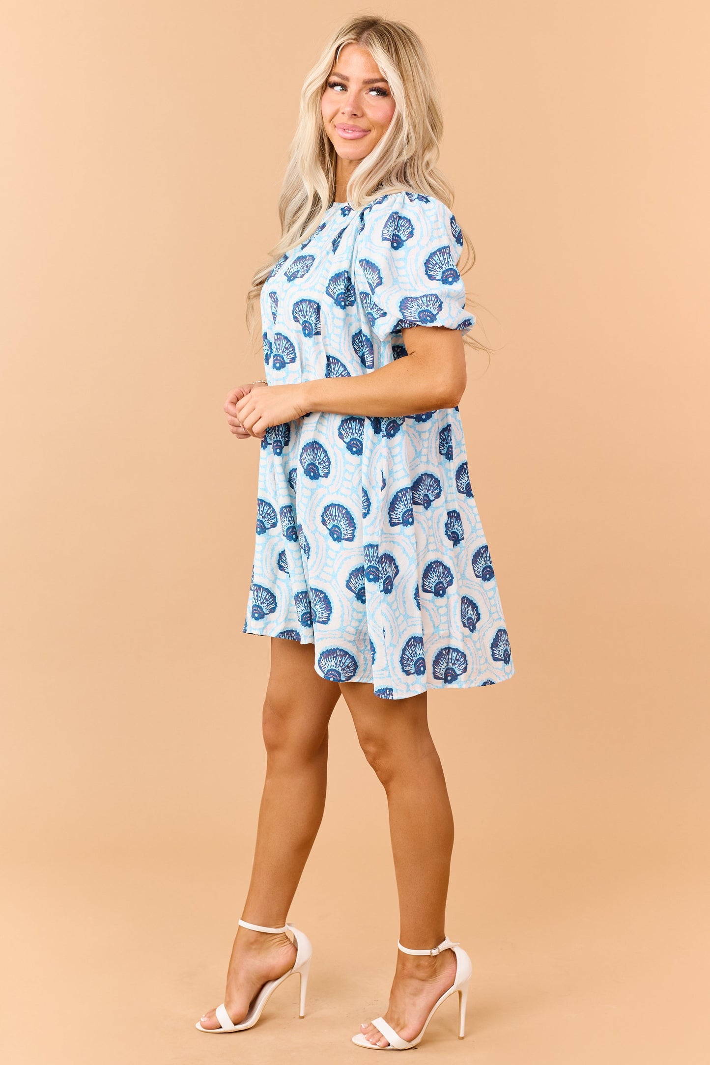 Azure Shell Pattern Puff Sleeve Relaxed Mini Dress