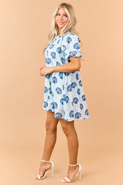 Azure Shell Pattern Puff Sleeve Relaxed Mini Dress