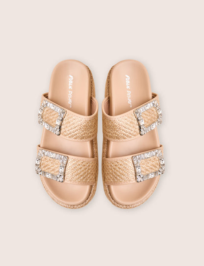 Bettie Natural Rattan Diamante Buckle Detail Flatform Slider Sandals