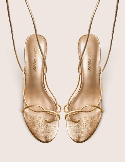 Birdie Gold Cracked Pu Lace Up Mid Heels