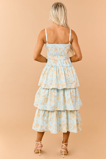 Baby Blue Cotton Floral Print Sleeveless Midi Dress