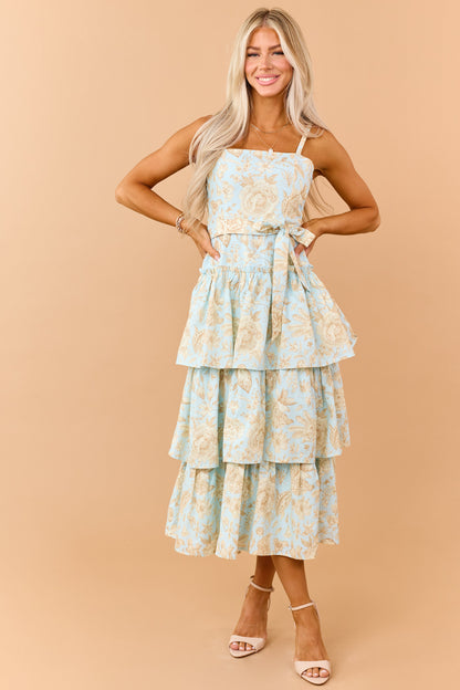Baby Blue Cotton Floral Print Sleeveless Midi Dress